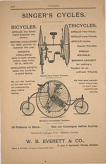 1886 Singers Cycles Ad Bike Tricycle Apollo Two Track Tandem W B Everett Boston